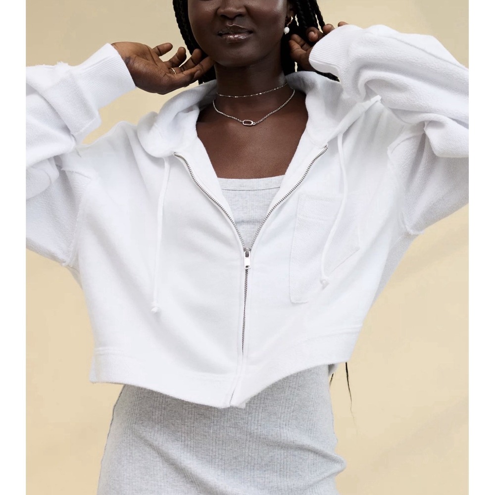 Aerie White Cropped Full Zip Hoodie Womens XL Oversize Lounge Cozychic Y2K Basic